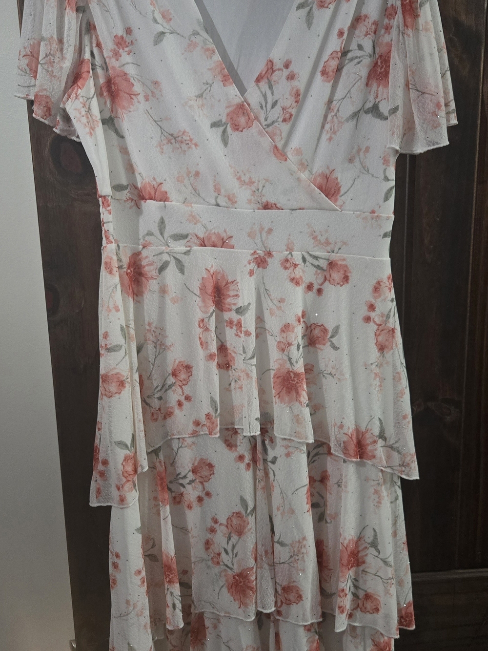Tiered Wrap Midi Dress in White with Coral Floral Print